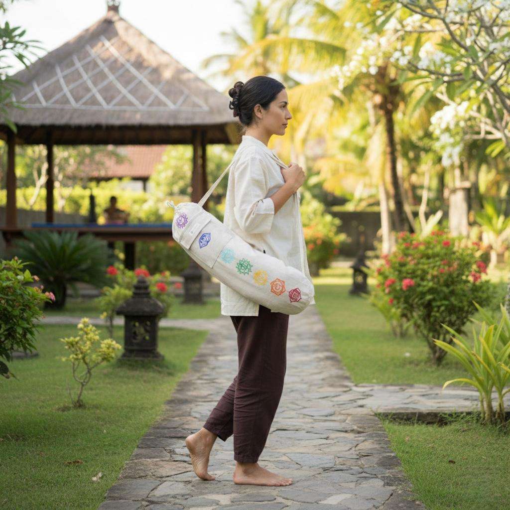 a woman carrying hemp yoga mat cover from the side in a retreat centre