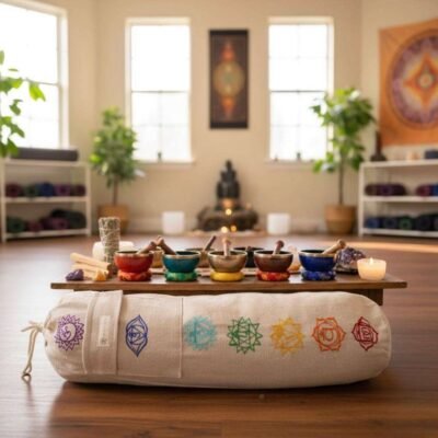 hemp yoga mat with 7 chakras embroidery lying on the floor in sound healing room