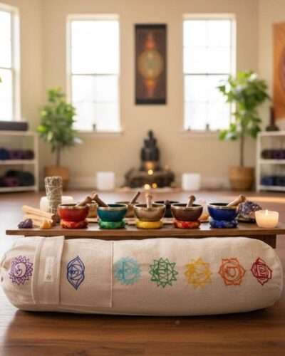 hemp yoga mat with 7 chakras embroidery lying on the floor in sound healing room