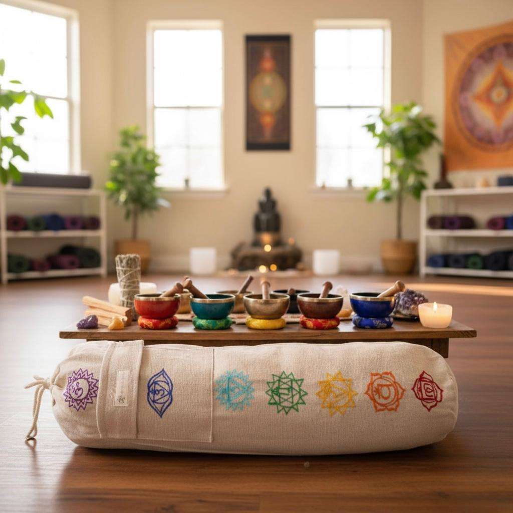 hemp yoga mat with 7 chakras embroidery lying on the floor in sound healing room