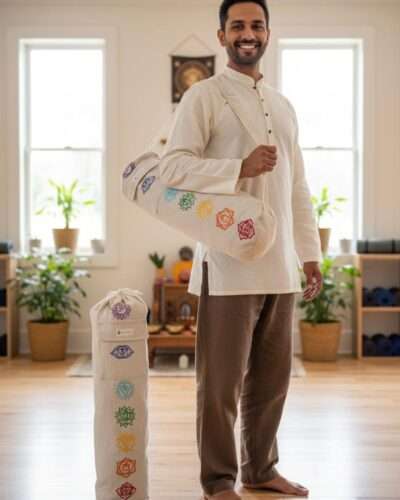 a yoga teacher carrying hemp yoga mat cover