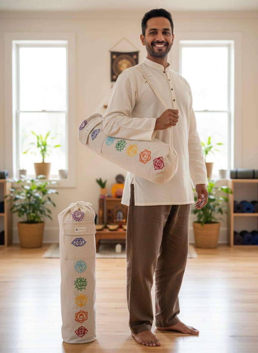 a yoga teacher carrying hemp yoga mat cover