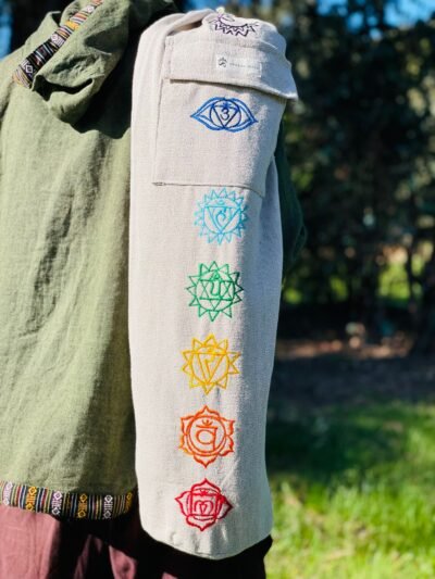 Hemp yoga mat cover 7-chakra design front view