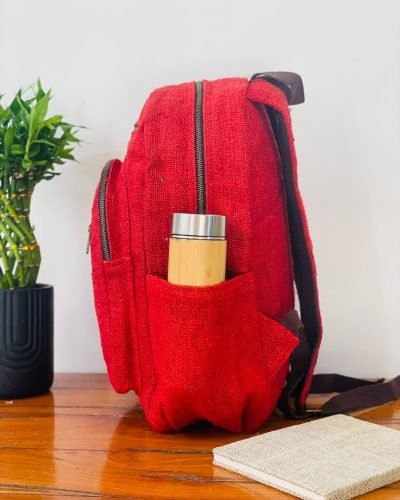 Hemp adult backpack cherry red water bottle holder pocket