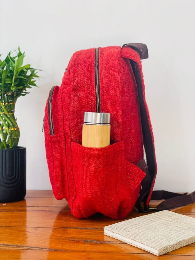 Hemp adult backpack cherry red water bottle holder pocket