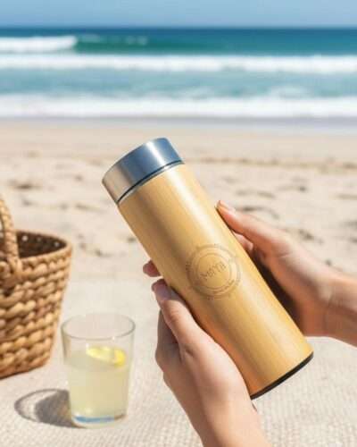 a person holding bamboo thermos by both the hands in the beach
