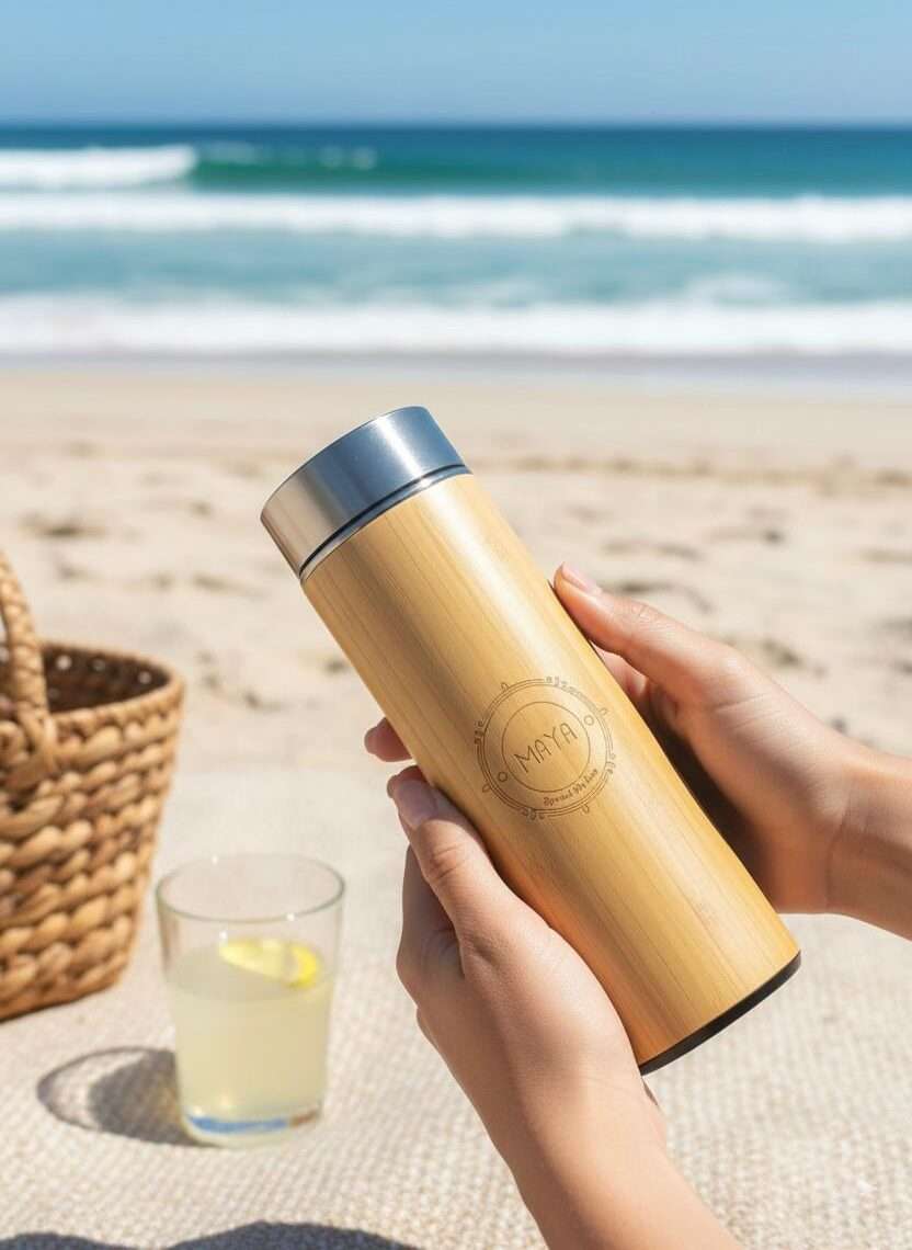 a person holding bamboo thermos by both the hands in the beach