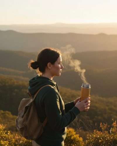 bamboo thermos holding by a lady at top of a hill