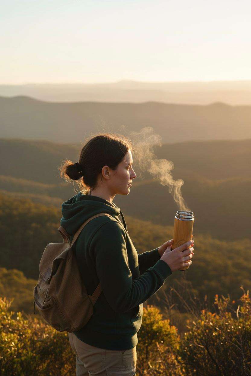 bamboo thermos holding by a lady at top of a hill
