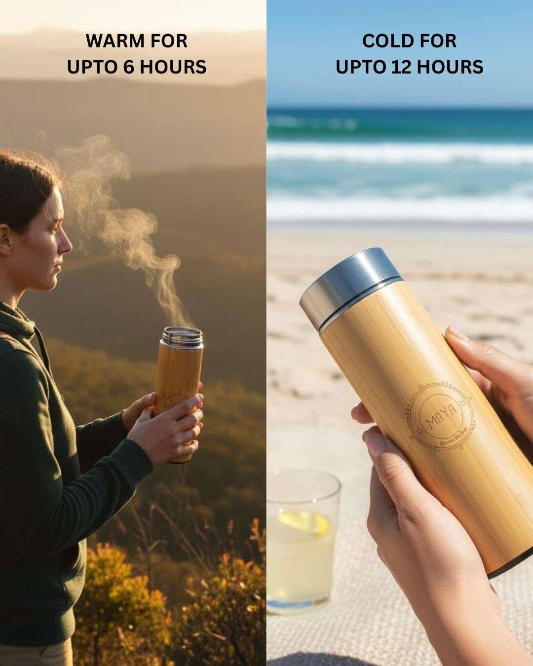 bamboo thermos showing hot and cold feature
