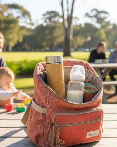 bamboo thermos placed in maternity backpack