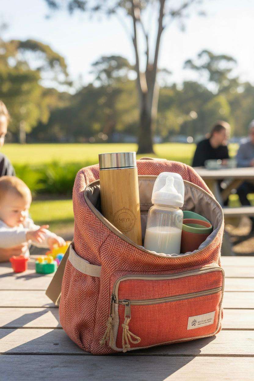 bamboo thermos placed in maternity backpack