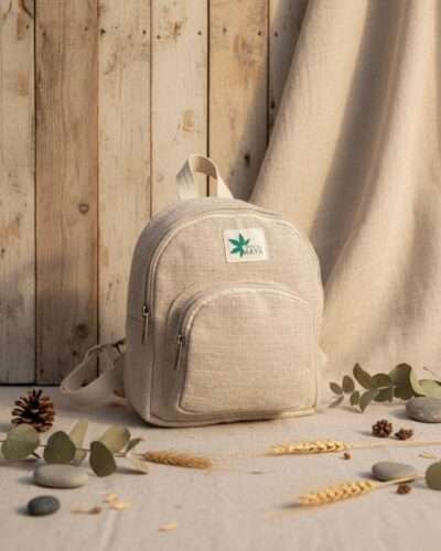 a mini beige hemp backpack on a table