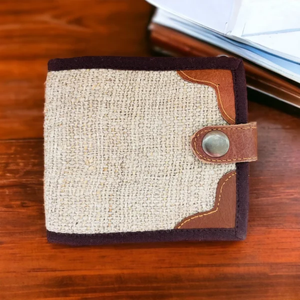 Earthy brown color hemp wallet with a button closure and various compartments inside