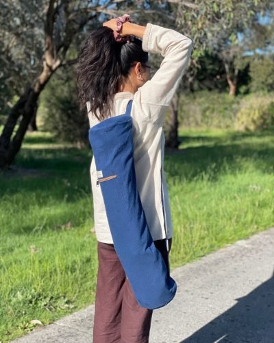 Blue hemp yoga mat cover front view