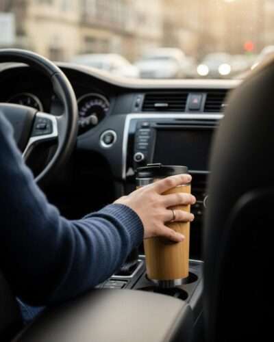 a person about to place the bamboo tumbler in the car cup holder