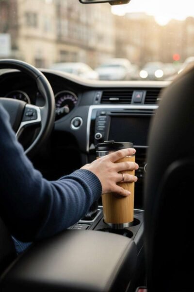 a person about to place the bamboo tumbler in the car cup holder