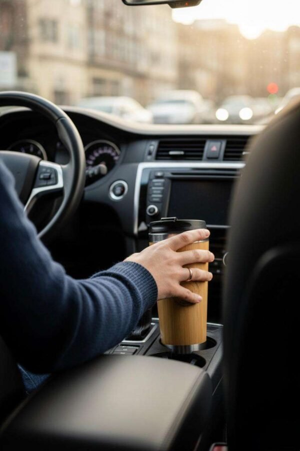 a person about to place the bamboo tumbler in the car cup holder