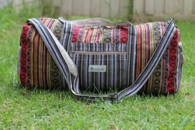 Color Vibrant Hemp Duffle Bag on the ground facing front