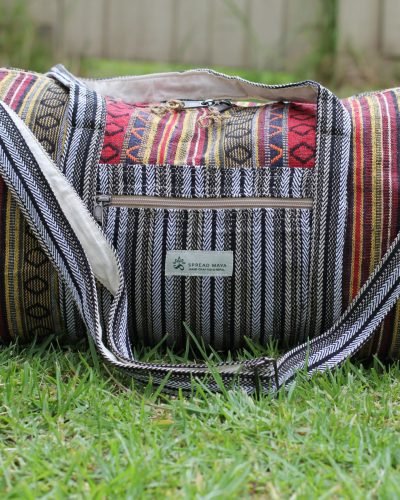 Color Vibrant Hemp Duffle Bag on the ground facing front
