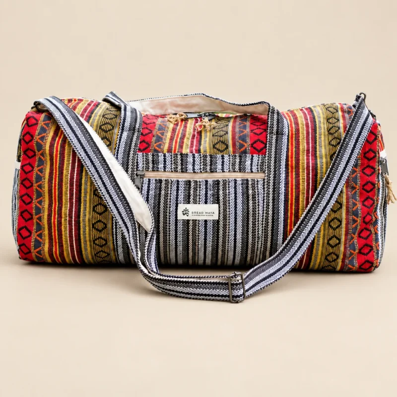 Colorful Hemp Duffle Bag with multicolour woven design, front zip pocket and striped handles