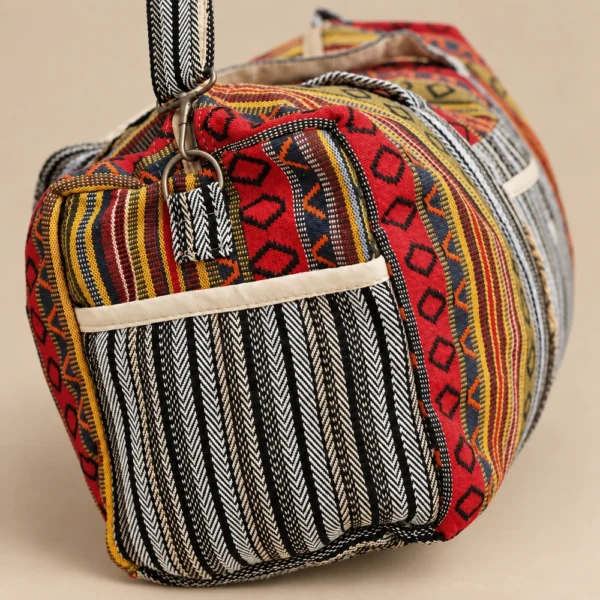 Colorful Hemp Duffle Bag with multicolour woven design, side pocket