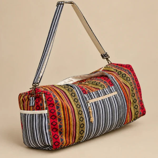 Side view of Colorful and Vibrant Duffle Bag showing woven fabric, side pocket and shoulder strap