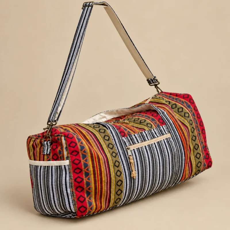Side view of Colorful and Vibrant Duffle Bag showing woven fabric, side pocket and shoulder strap