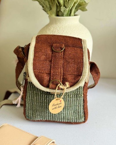 front view of brown ecochic hemp side bag