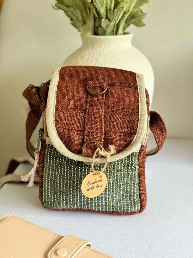 front view of brown ecochic hemp side bag