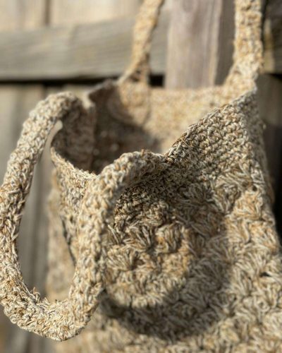 zoomed view of hand woven hemp tote bag