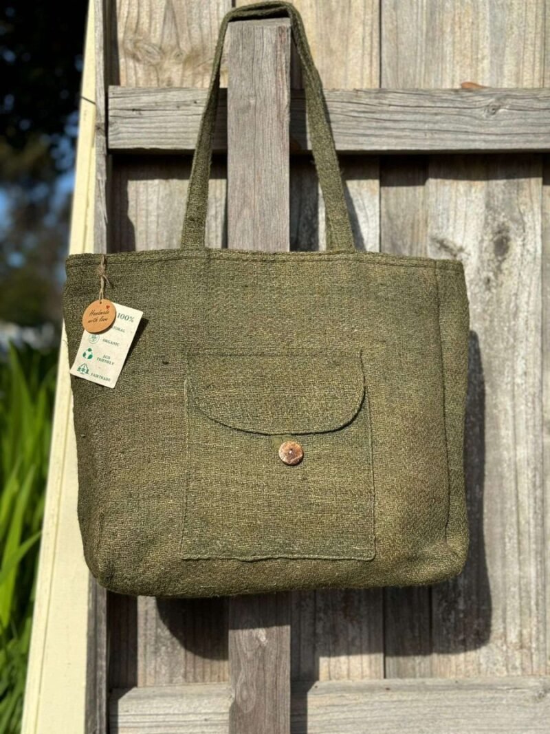 Green handmade hemp tote bag