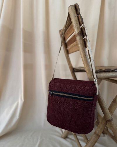 Tribal-Harmony-Hemp side-bag-Maroon-back, Hand-made in Nepal