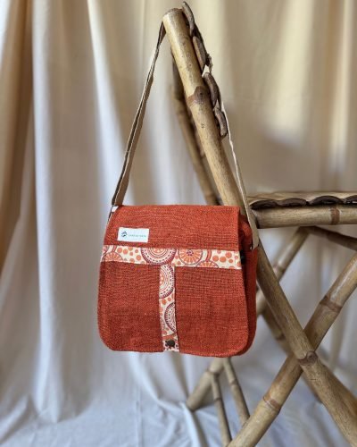 Tribal-Harmony-hemp side-bag-Orange-front, Hand-made in Nepal