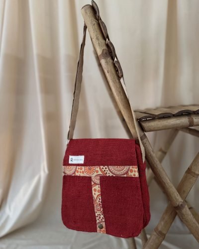 Tribal-Harmony- hemp side-bag-Red-front, Hand-made in Nepal