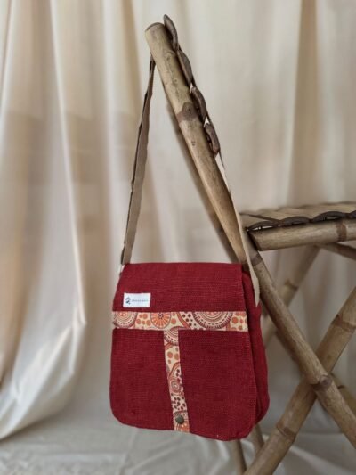 Tribal-Harmony- hemp side-bag-Red-front, Hand-made in Nepal