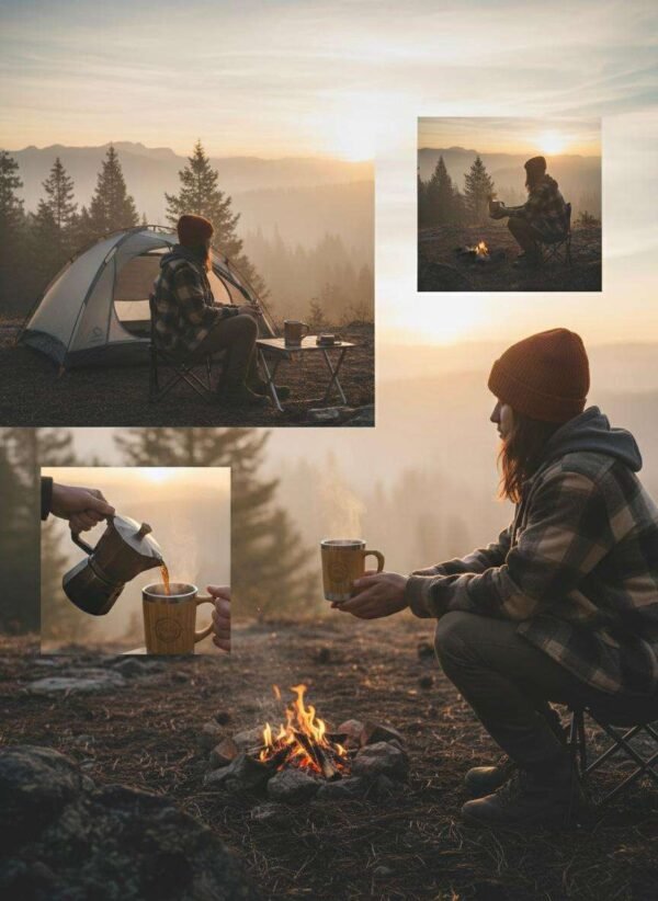 bamboo coffee mug in camping setting