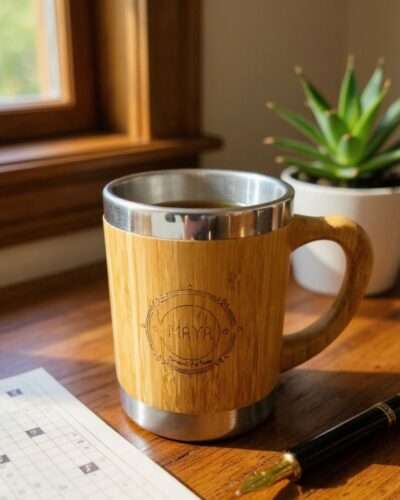 bamboo coffee mug with handle on a table by spreadmaya
