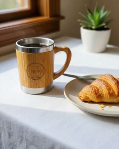bamboo coffee mug with handle on a table