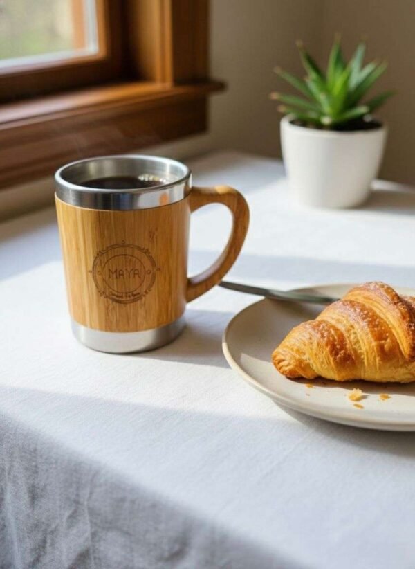 bamboo coffee mug with handle on a table