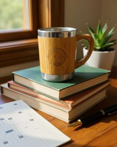bamboo coffee mug with handle on pile of books