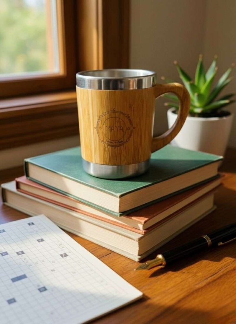 bamboo coffee mug with handle on pile of books