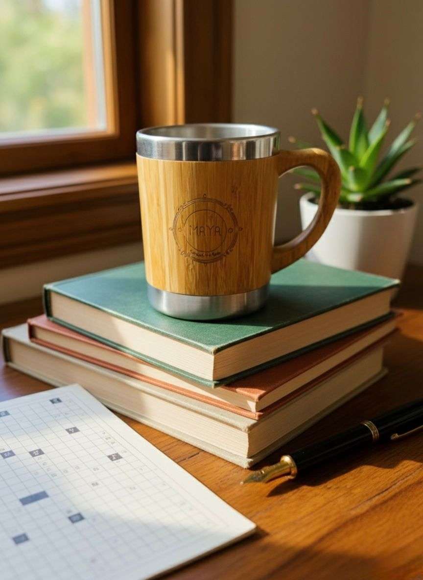 bamboo coffee mug with handle on pile of books