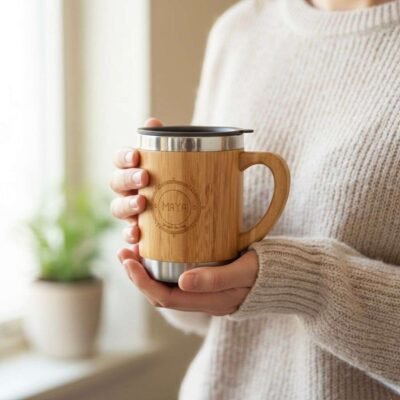 a person holding bamboo coffee mug with handle
