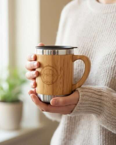a person holding bamboo coffee mug with handle
