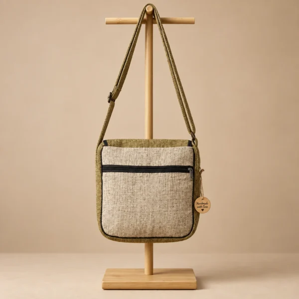 Brown hemp side bag with adjustable shoulder strap – back view