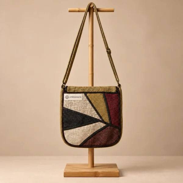 Brown vibrant hemp side bag handmade in Nepal – front view