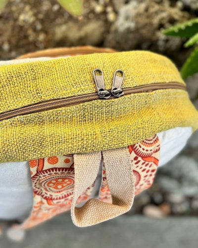 colorful backpack top view with hook and zipper