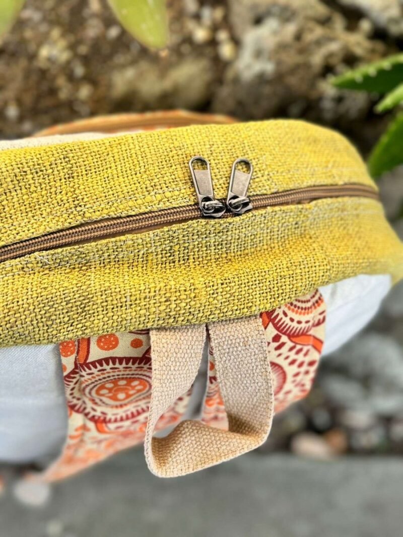 colorful backpack top view with hook and zipper