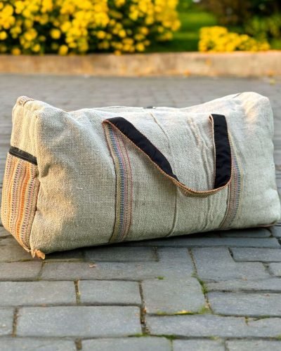 beige duffle bag